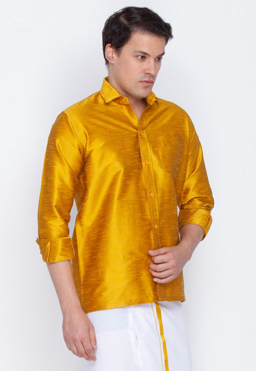 Plain Dupion Silk Shirt in Mustard : MTR695