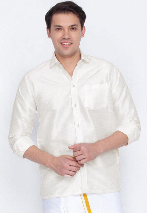 Plain Dupion Silk Shirt in White