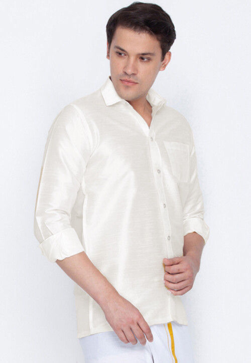 Plain Dupion Silk Shirt in White