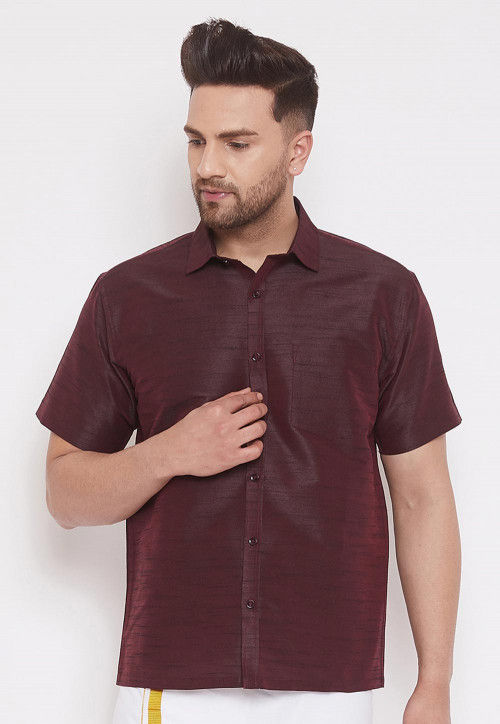 Plain Dupion Silk Shirt in Wine