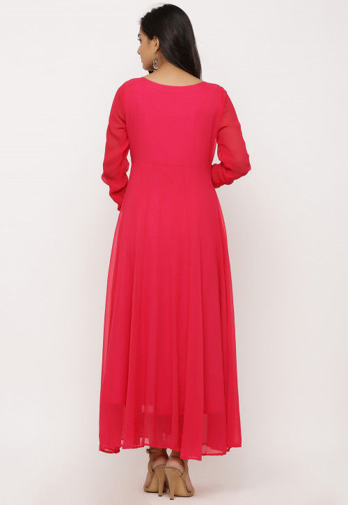 Plain Georgette Abaya Style Suit in Fuchsia : KJN3741