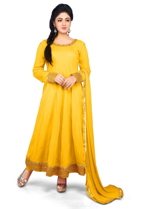 Plain Georgette Anarkali Suit in Yellow : KJN2786