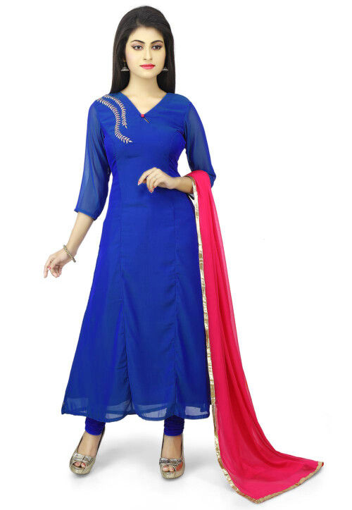 Plain Georgette Straight Suit in Blue 