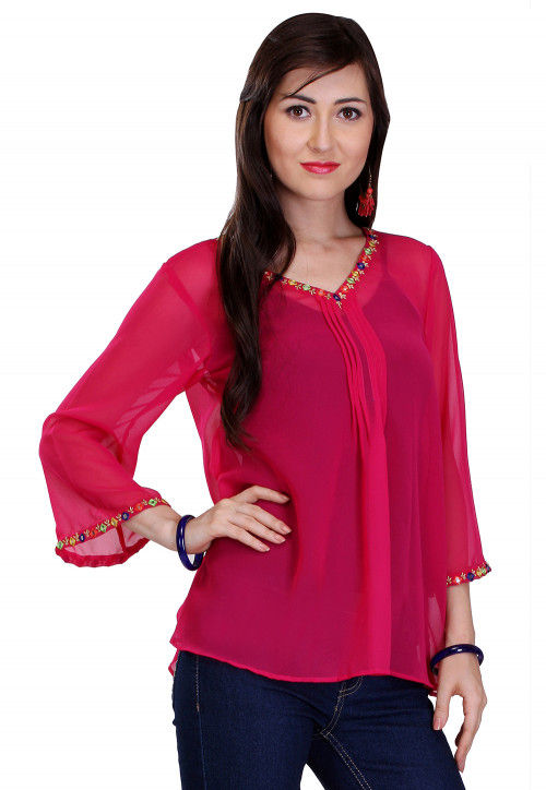 Georgette Tops Plain Tops Online Plain Georgette Top In Fuchsia