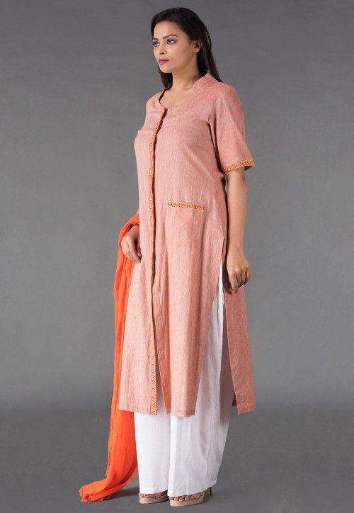 Plain Linen Cotton Pakistani Suit in Peach : KJN3090