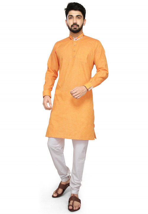 plain linen kurta set in orange v1