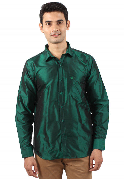Plain Pure Silk Shirt in Dark Green : MXT69