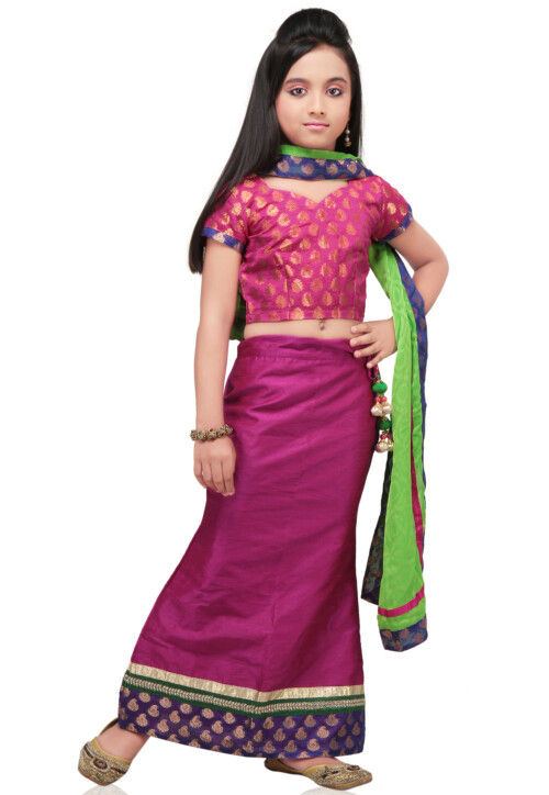 Plain Raw Silk Lehenga Set in Magenta
