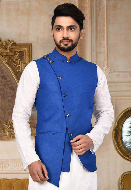 Woven Art Silk Jacquard Nehru Jacket in Teal Blue : MXH202