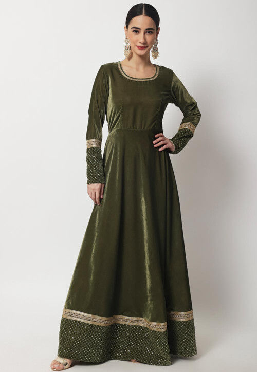 Plain Velvet Long Kurta Set in Olive Green