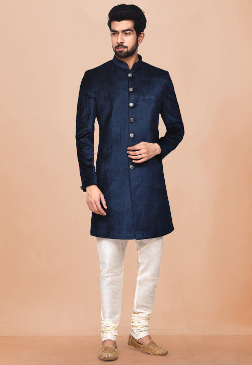 Buy Plain Velvet Sherwani in Dark Blue Online MTX1222 Utsav Fashion