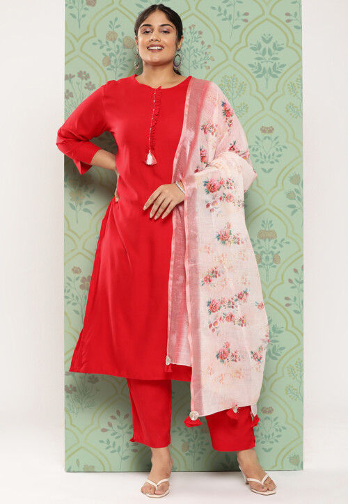 Plain Viscose Rayon Pakistani Suit in Red : KJL1082