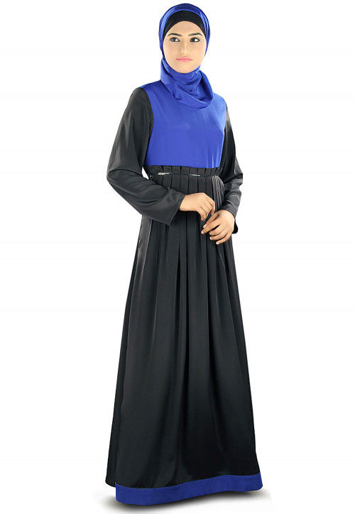 Pleated Crepe Abaya with Hijab in Black and Blue
