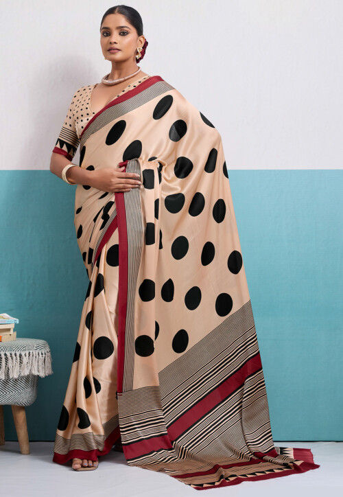 Buy Polka Dot Printed Satin Saree in Light Beige Online SSEA7052