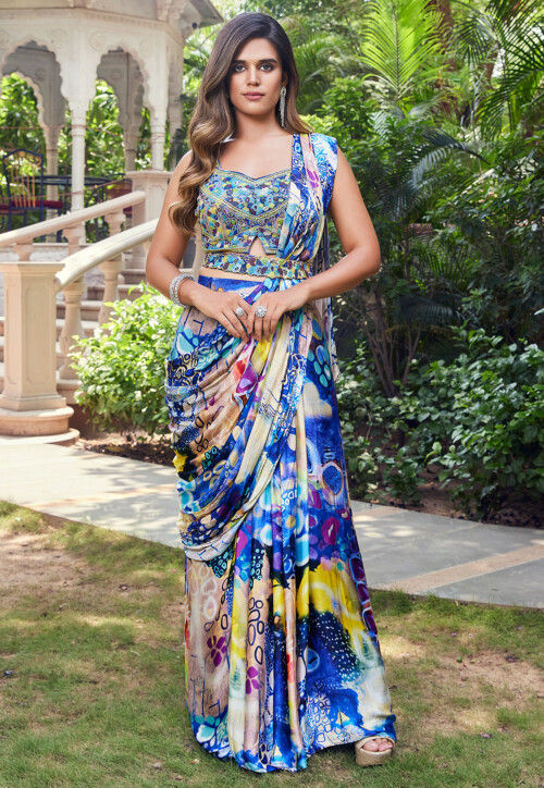 Pre Stitched Art Silk Saree in Blue and Multicolor
