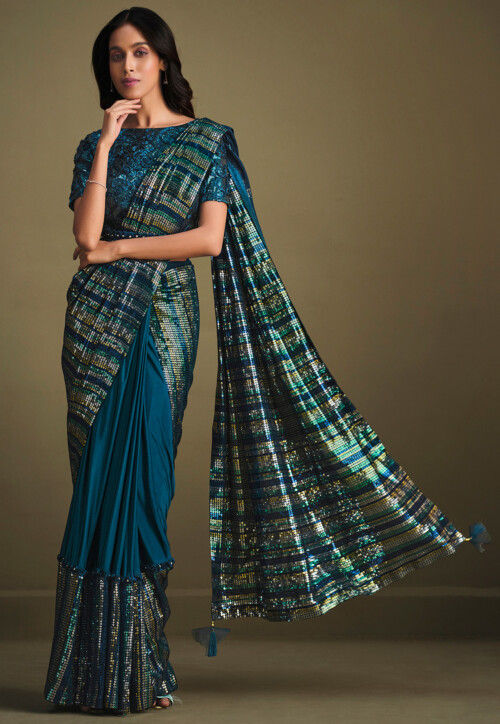Pre Stitched Art Silk Saree in Teal Blue