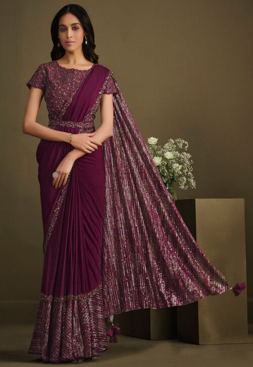 Pre Stitched Art Silk Saree in Wine