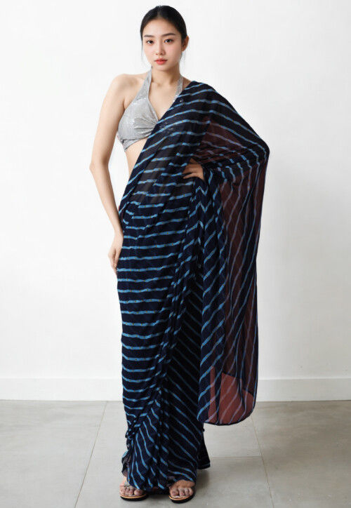 Pre Stitched Chiffon Saree in Dark Blue