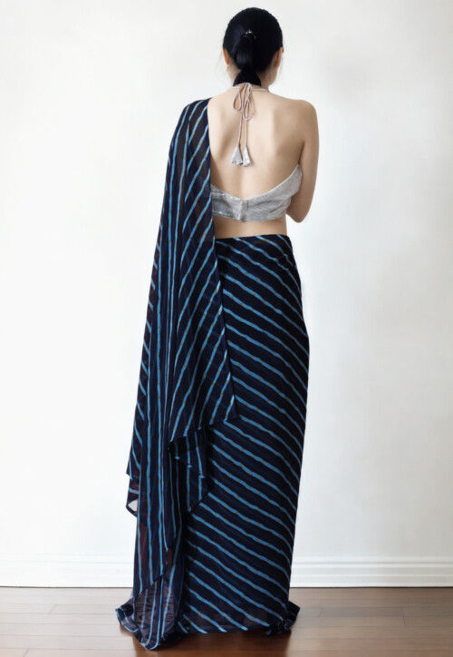 Pre Stitched Chiffon Saree in Dark Blue