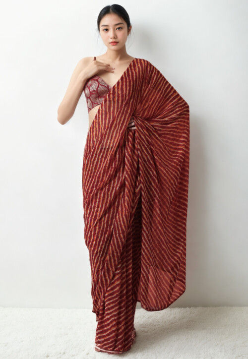 Pre Stitched Chiffon Saree in Maroon
