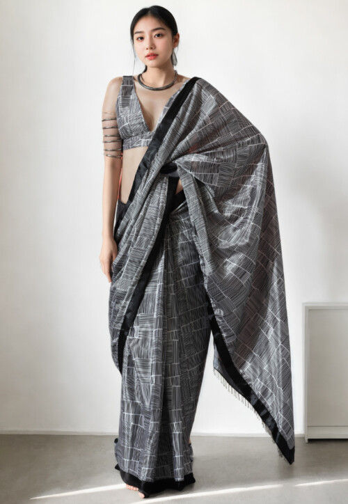Pre Stitched Chinon Chiffon Saree in Black and White