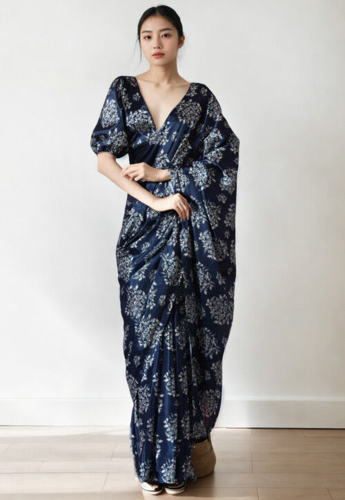 Pre Stitched Chinon Chiffon Saree in Navy Blue