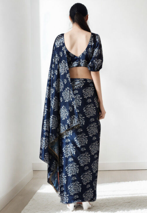 Pre Stitched Chinon Chiffon Saree in Navy Blue