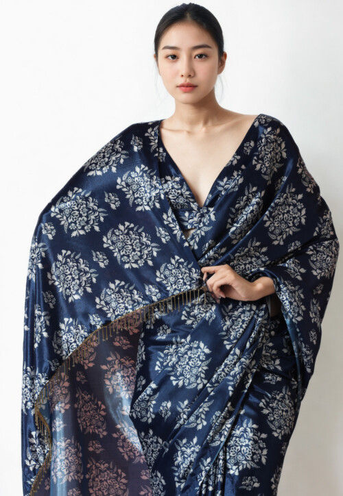 Pre Stitched Chinon Chiffon Saree in Navy Blue