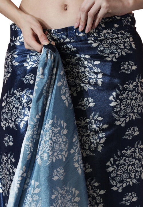 Pre Stitched Chinon Chiffon Saree in Navy Blue