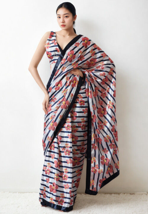 Pre Stitched Chinon Chiffon Saree in White and Navy Blue