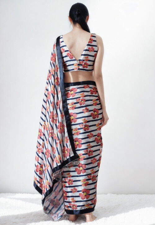 Pre Stitched Chinon Chiffon Saree in White and Navy Blue