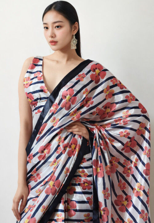 Pre Stitched Chinon Chiffon Saree in White and Navy Blue