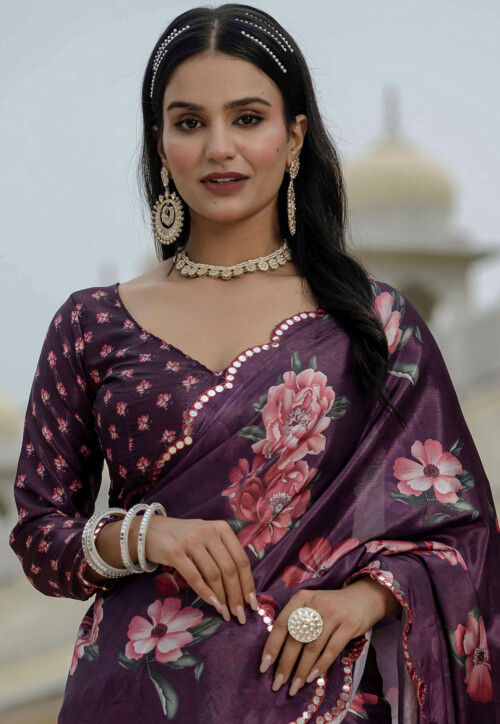 Pre Stitched Chinon Silk Scalloped Saree in Purple