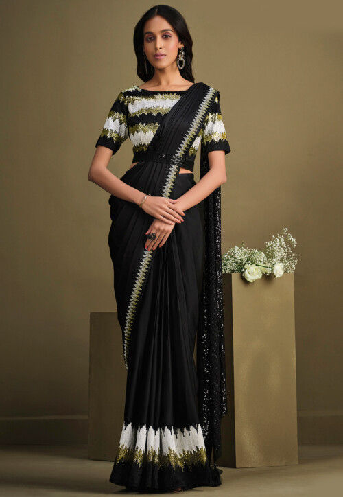 Pre Stitched Crepe Silk Saree in Black