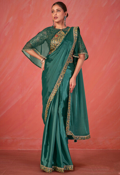Pre Stitched Crepe Silk Saree in Green