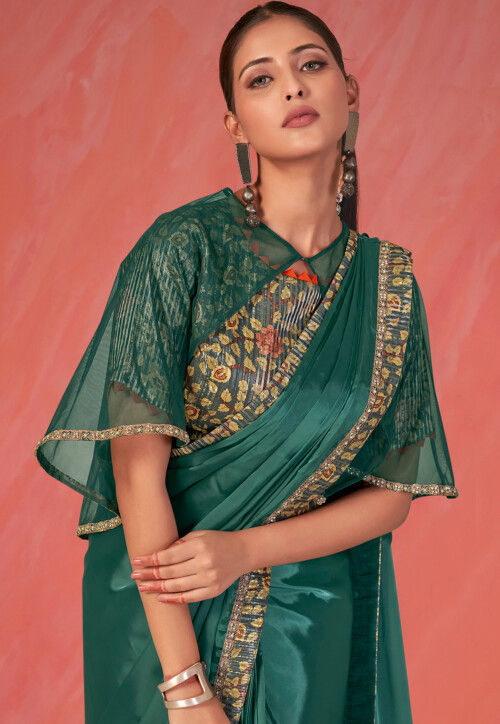 Pre Stitched Crepe Silk Saree in Green