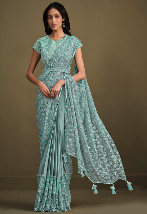 Pre Stitched Crepe Silk Saree in Light Blue