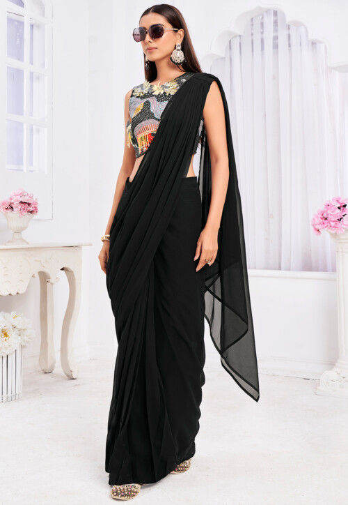 Pre Stitched Georgette Saree in Black