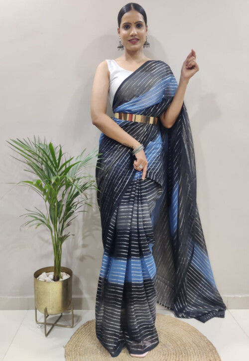 Slub Linen Hand Dyed Mid Grey & Blue Colour Saree with Contrast  Blouse-Indiehaat – Indiehaat.com