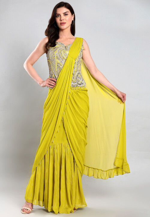 Pre Stitched Georgette Saree in Light Green