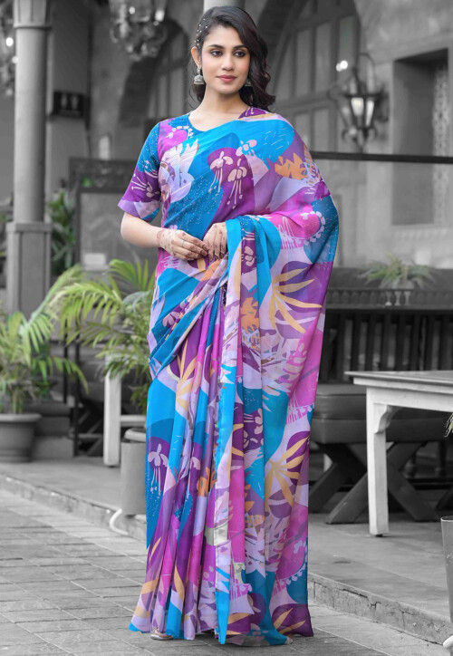 Pre Stitched Georgette Saree in Multicolor