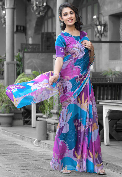 Pre Stitched Georgette Saree in Multicolor