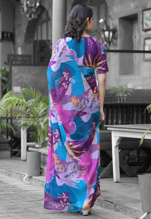 Pre Stitched Georgette Saree in Multicolor