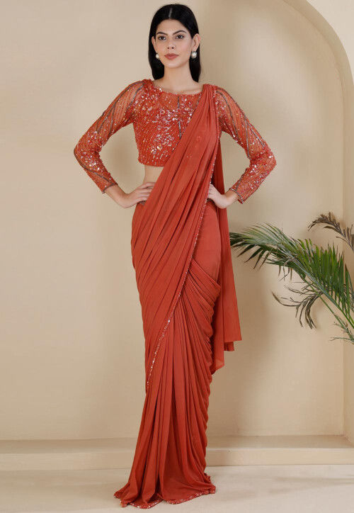 Pre Stitched Net Lycra Saree in Orange