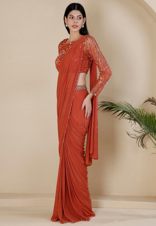 Pre Stitched Net Lycra Saree in Orange
