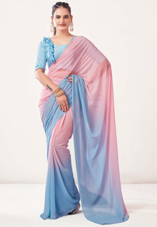 Sky Blue-Pink Banarasi Khaddi Georgette Saree | Pure georgette sarees,  Fancy sarees, Stylish sarees