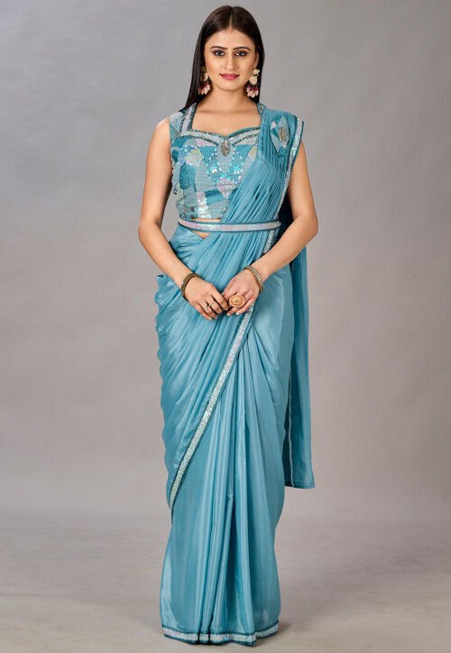 Chic Sky Blue Color Soft Silk Base Traditional Look Saree With Same Color  Blouse