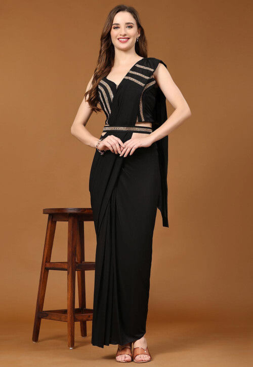 RAVEN BLACK PRE STITCHED DRAPED SAREE WITH A HAND EMBROIDERED CLASSIC BLOUSE  AND A SHOULDER BROACH - Seasons India