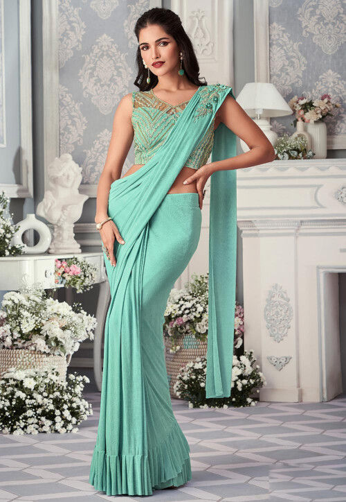 Pre Stitched Lycra Elastane Saree in Sea Green