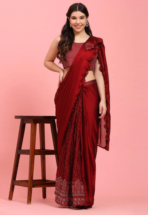 Buy Wardrobe Luxury Embroidered Bollywood Organza Maroon Sarees Online @  Best Price In India | Flipkart.com
